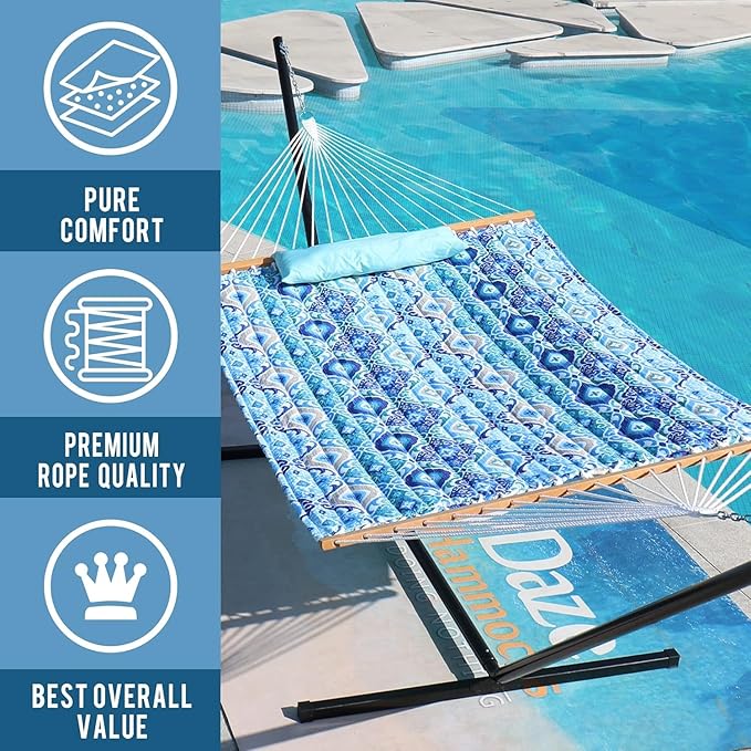 Lazy Daze Hammocks 12FT Quilted Fabric Hammock with Soft Pillow, Double 2 Person Tree Hammock with Spreader Bar for Outdoor Outside Patio Garden Yard Pool Beach, 450lbs Capacity, QFH037