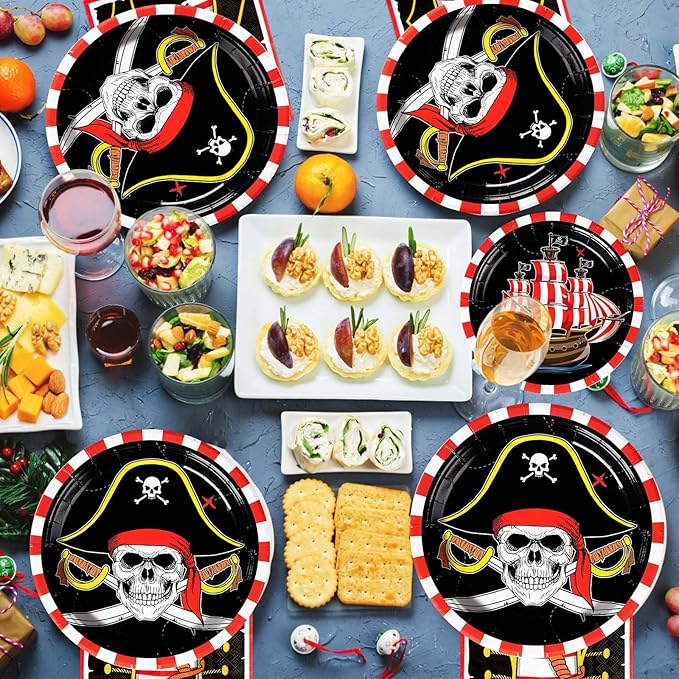 96Pcs Pirate Birthday Party Decorations Pirates Treasure Plates and Napkins Tableware Set Red Gingham Pirate Decorations for Kids Adult Baby Shower Halloween Skull Birthday Party Supplies Serves 24 ﻿