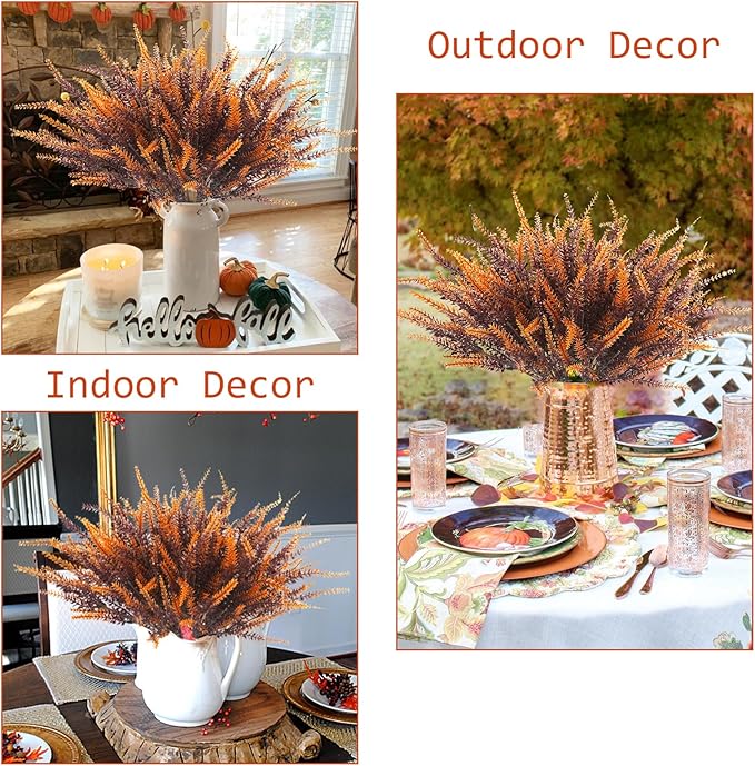 12 Bundles Artificial Fall Flowers Outdoors Fake Fall Lavender Flowers UV Resistant Plastic Faux Fall Plants for Indoor Home Porch Autumn Thanksgiving Fall Decorations (Brown)
