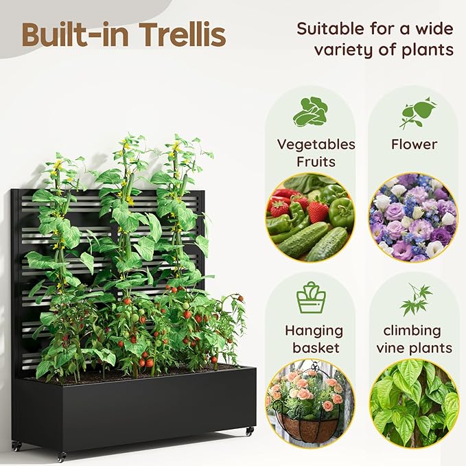 Metal Raised Garden Bed with Trellis & Wheels,47" x 47"x 15.7" Planter Box with Trellis,Privacy Planters for Patio,Garden Bed for Climbing Plants,Suitable for Climbing Plants and Vegetables,Black