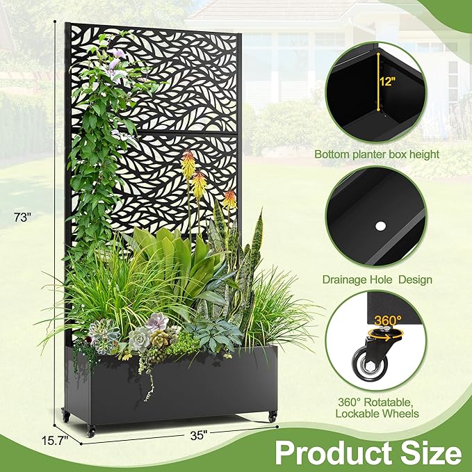 Raised Garden Bed with Trellis and Wheels,73"x35"x16" Metal Raised Garden Bed,Black Flowing Leaf Metal Planter with Climbing Trellis for Vines & Vegetables