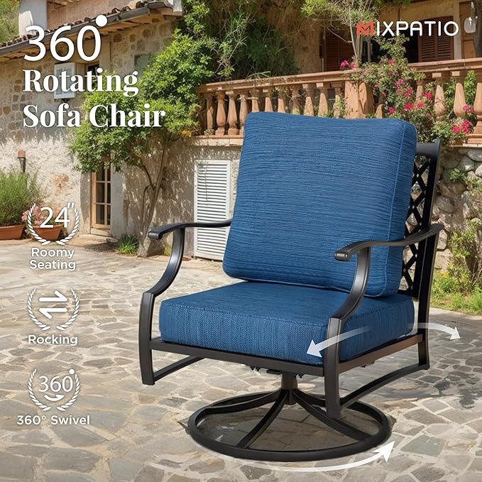 Patio Furniture Set 4 pcs, Metal Outdoor Patio Furniture, 3-Seat Sofa, 2 Swivel Chairs, Coffee Table and 5.75" Extra Thick Cushion, Conversation Set for Backyard Deck, Gemstone Blue