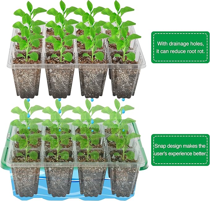 Bonviee 5 Packs Seed Starter Tray with Plant Light, Elevated Seedling Starter Trays Kits with Adjustable Humidity Domes and Clear Cell Tray, 12 Full Spectrum led lamp Beads for Plants Indoor-Green