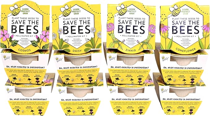 Buzzy Seeds Save The Bees Biodegradable Grow Kit | Herb, Plant, Flower Starter Kit for Kids & Adults | Assorted Wildflowers 12-Pack | Guaranteed to Grow | Best Indoor Grow Your Own Plant