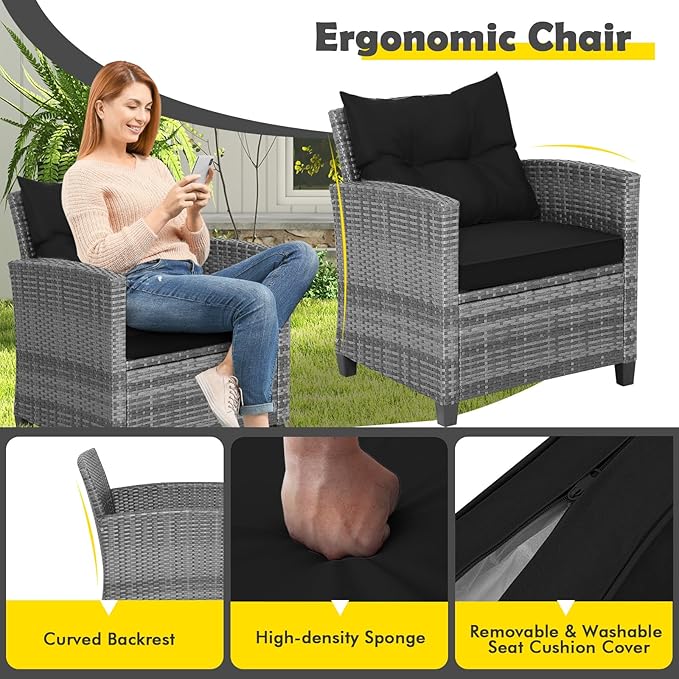 HAPPYGRILL 3 Pieces Patio Conversation Set, Outdoor Furniture Set PE Rattan Sofa Set with Removable Cushions, PE Wicker Chairs with Tempered Glass Side Table for Porch Lawn Garden Balcony Backyard