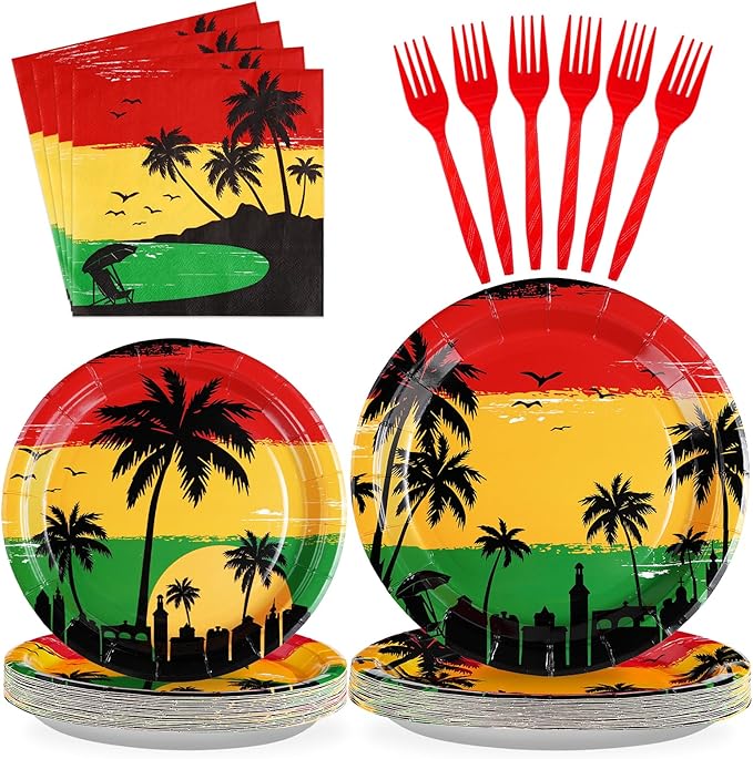 96Pcs Reggae Birthday Party Supplies Jamaican Rastafari Palm Tree Plates and Napkins Tableware Summer Music Jamaican Party Decoration for Grafitti Jamaica Festival Hawaiian Party Favors, Serves 24