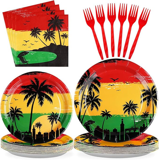 96Pcs Reggae Birthday Party Supplies Jamaican Rastafari Palm Tree Plates and Napkins Tableware Summer Music Jamaican Party Decoration for Grafitti Jamaica Festival Hawaiian Party Favors, Serves 24