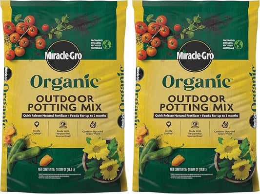 Miracle-Gro Organic Outdoor Potting Mix, for Outdoor Container Plants, Contains Quick-Release Natural Fertilizer, OMRI Listed, 16 qt., 2-Pack