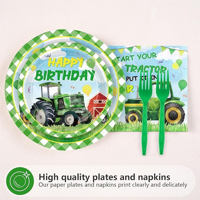 Grencian 96Pcs Tractor Birthday Decorations for Boys Farm Tractor 2nd Birthday Plates and Napkins Tableware Sets Tractor Lawn Party Decorations for Baby Shower Two Years Old Party Supplies Serves 24