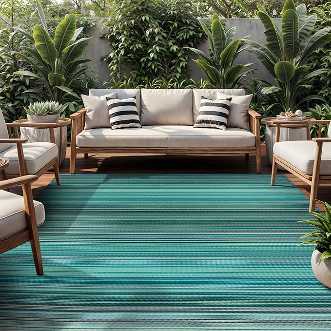 Rugshop Contemporary Stripe Reversible Crease-Free Waterproof Premium Recycled Plastic Outdoor Rugs for Patio,Backyard,RV,Deck,Picnic,Trailer,Beach,Camping Blue 5' x 7'