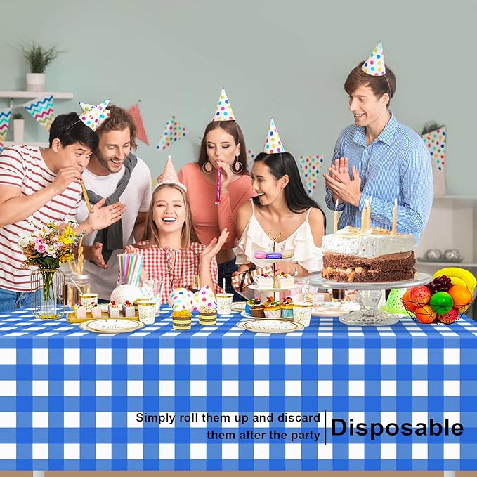 2 Pack Navy Blue and White Checkered Tablecloth, Dark Blue Plastic Table Cloths for Parties Disposable, 54 x 108 inch Waterproof Blue Gingham Camping Tablecloth for Birthday, Party, Picnic