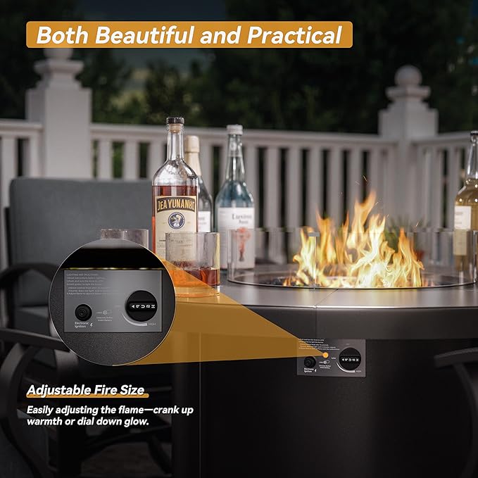 Kurapika 5 Piece Modern Metal Outdoor Conversation Sets, Patio Furniture Set, 4 Aluminum Swivel Chairs w/48in Round Propane Fire Pit Table and Thickened Cushions, Grey