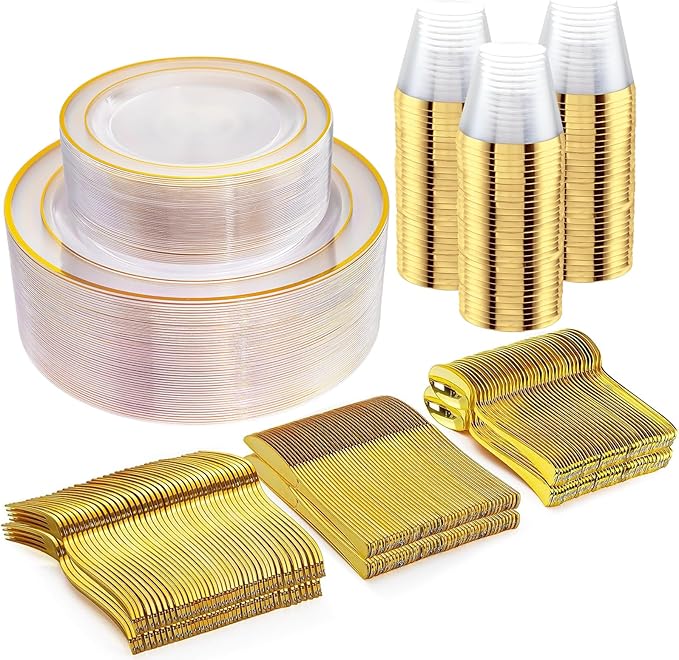 WELLIFE 300Pcs Clear Gold Dinnerware, Clear and Gold Plates Heavy Duty, Including 50 Dinner and 50 Dessert Plates, 50 Cups, 50 Silverware