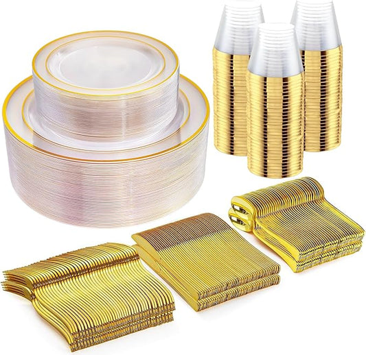 WELLIFE 300Pcs Clear Gold Dinnerware, Clear and Gold Plates Heavy Duty, Including 50 Dinner and 50 Dessert Plates, 50 Cups, 50 Silverware