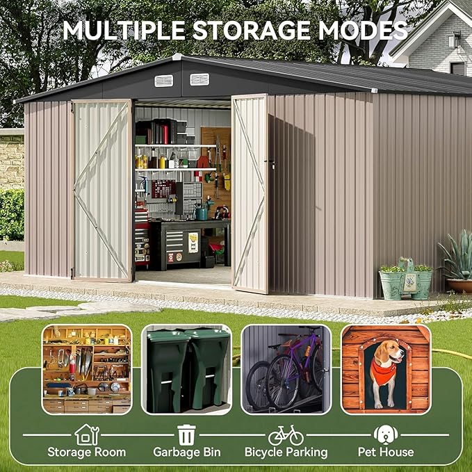 Aoxun 14x12 FT Shed Outdoor Storage Shed with Spacious and Tall Doors, Large Shed Steel Utility Tool Shed Storage House with Door & Lock, Metal Sheds with Sloped Roof for Garden Patio Poolside, Brown