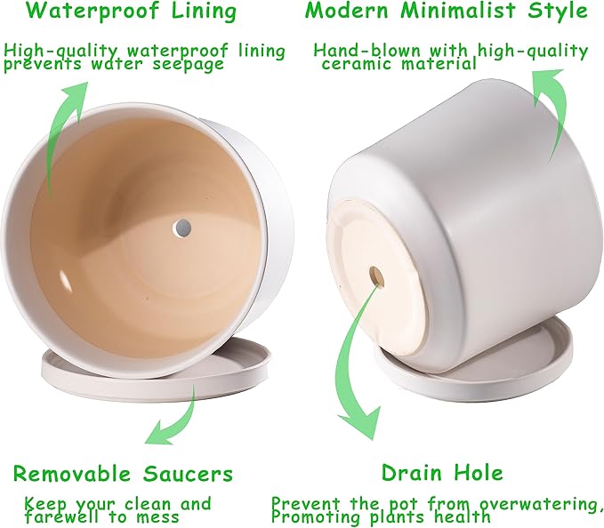 Ekirlin 9 inch Plant Pots,Ceramic Flower Planters Indoor,Modern Succulents Containers with Drain Hole Saucer,Decorate Home,Office & Outdoor (White)