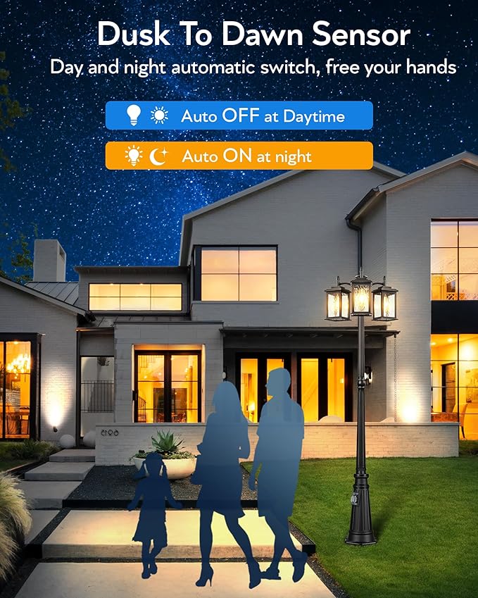 VIANIS Outdoor Lamp Post Light with Outlet, Waterproof Dusk to Dawn Lamp Posts Outdoor Lighting 3-Head, Anti-Rust Black Street Light for Garden, House, Doorway, Weather Resistant