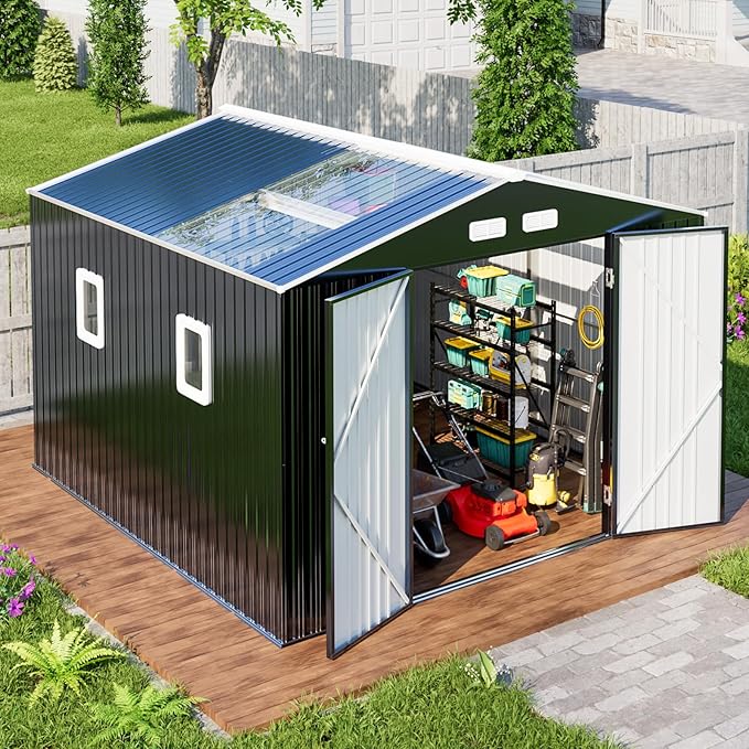 WACASA Metal Shed 10x10 with Floor Kit Sheds Outdoor Storage, Natural Lighting Tool Sheds with Translucent Roof Panels, Windows, Lockable Doors, Ideal for Garden, Backyard, and Patio