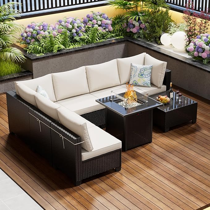 Patio Furniture Set with Fire Pit Table 28", 8-Piece Outdoor Furniture Conversation Set with Cushions，Wicker Sectional Sofa for Porch Garden Backyard, Coffee/Beige