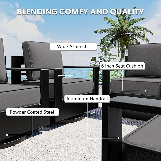 Outdoor Patio Furniture Set, 5-Piece Aluminum Patio Conversation Set All-Weather Metal Outdoor Sectional with 6 Inch Thick Cushions, Deep Setting for Garden, Outside and Porch