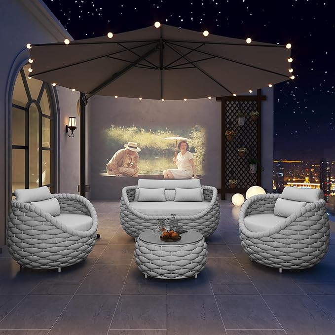 Aluminum Outdoor Patio Furniture Set with Coffee Table, 6 Piece Patio Conversation Sets with Washable Cushions Covers, Patio Sectional Furniture Set for Porch, Balcony, Deck, Yard, Light Grey