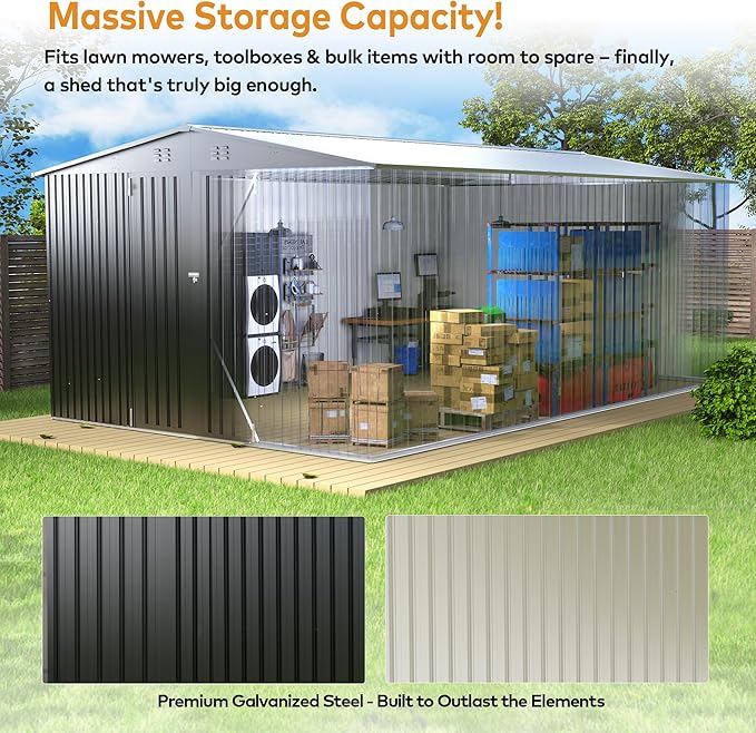 10 x 14 FT Outdoor Storage Shed, Metal Waterproof Storage Shed Steel Utility Garden Tool Shed with Door & Lock Outdoor Storage,All-Weather Shelter for Bike, Gardening Tools, Lawn Mowers