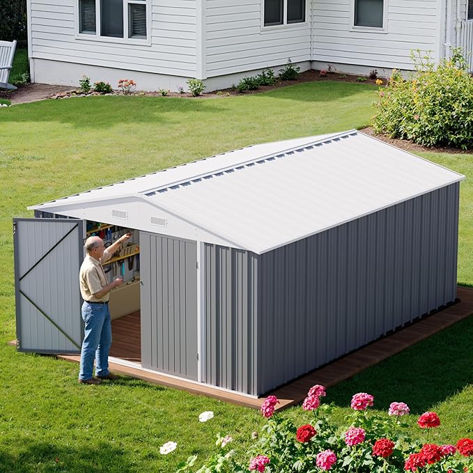 Greesum 10×14 FT Outdoor Storage Shed, Metal Storaged Sheds Without Floor, Tool Sheds with Lockable Doors and Sloping Roof for Garden, Patio, Backyard, Gray
