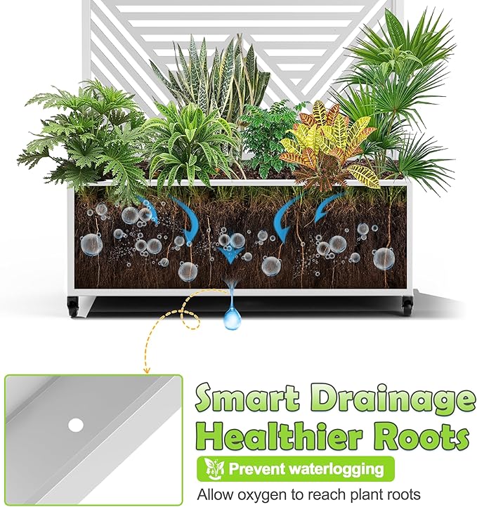 15.7"×70.9"×35.4" Metal Raised Garden Bed with Trellis and Wheels - Tall Trellis Planter Box for Climbing Plants, Vegetables & Vines - Outdoor Privacy Planters for Patio (White-Zodiac)