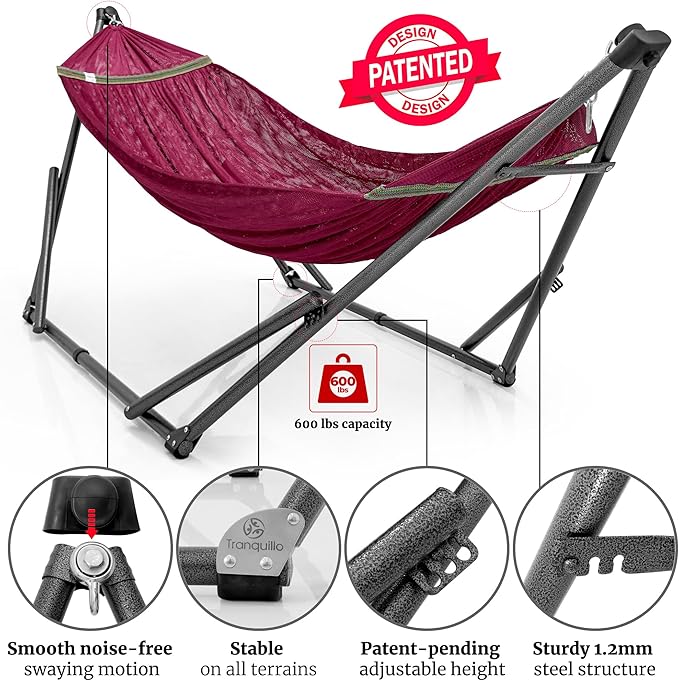 Tranquillo Combo x2 Hammocks with Stand for Outside & Tree Straps, Heavy Duty Hammock with Stand 600lbs for Indoor Outdoor Patio Backyard, x2 Hammocks for 2 Person, Portable Carrying Bags, Red