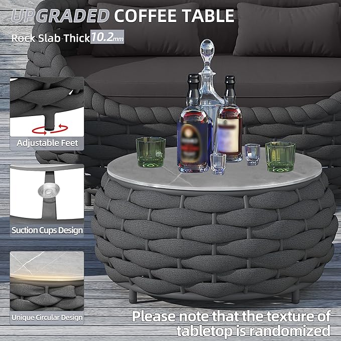 Aluminum Modern Patio Set Three Seater Sofa Outdoor Furniture Set w/Coffee Table,Patio Conversation Set with Hand Woven Teslin Rope for Bedroom Backyard Poolside, Dark Grey