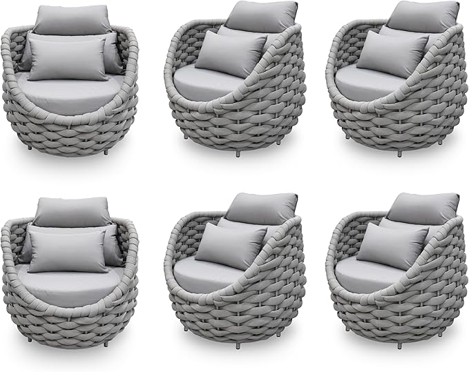 6 PCS Patio Deck Accent Chair: Large Woven Rope Chair Cushioned - Aluminum Modern Single Lounge Armchair Assembled - All Weather Outdoor Seating for 400lbs Lanai Balcony Porch Garden Hotel, Gray