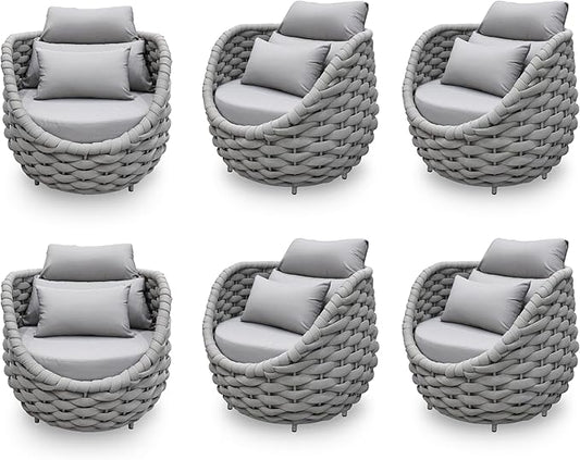 6 PCS Patio Deck Accent Chair: Large Woven Rope Chair Cushioned - Aluminum Modern Single Lounge Armchair Assembled - All Weather Outdoor Seating for 400lbs Lanai Balcony Porch Garden Hotel, Gray