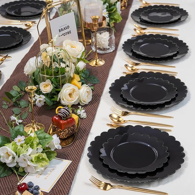 SUT 72 PCS Black Plastic Plates - 7.5 Inch Elegant Disposable Party Tableware for Halloween, New Year, Dessert & Celebrations