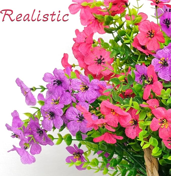 Artificial Flowers for Outdoors, 12 Bundles Outdoor Faux Plants,Uv Resistant Artificial Fake Flowers Plants, Realistic Spring Decor for Porch, Patio, Yard (LightRedPurple)