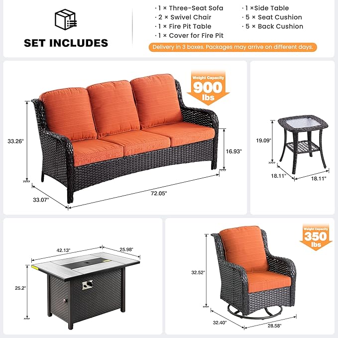 ovios 5 Pieces Patio Furniture Set, Outdoor Wicker Sofa Couch with Swivel Chairs 42" Fire Pit Table, All Weather High Back Modern Conversation Sets, Brown Rattan, Orange Red