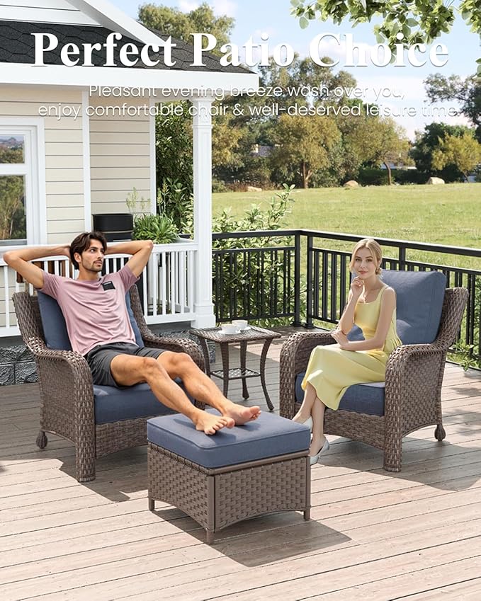 LayinSun 3 Piece Wicker Outdoor Furniture Set with 6-inch Comfy Cushions, High Back Patio Furniture Set with Rattan Armchairs and Side Table