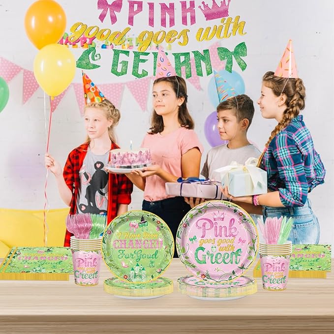 121Pcs Pink and Green Witch Party Decorations for Girls Boys Witch Movie Birthday Party Supplies Tableware Paper Plates Napkins Cups Banner Knife and Fork Baby Shower Tableware Set Serve 20 Guests