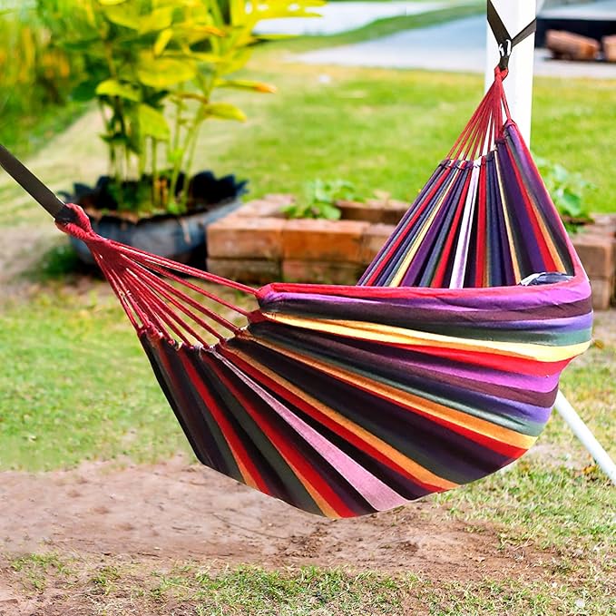 ANYOO Cotton Hammock Portable Camping Hammocks for Hanging Sturdy Garden Comfortable Fabric Hammock with Tree Straps Up to 660lbs with Travel Bag for Camping Outdoor/Indoor Patio Backyard