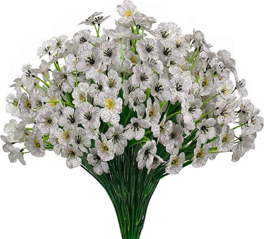 15 Bundles Artificial Flowers UV Resistant Outdoor Plants No Fade Faux Plastic Shrubs Fake Silk Flowers Window Box Garden Porch Home Decoration(White)