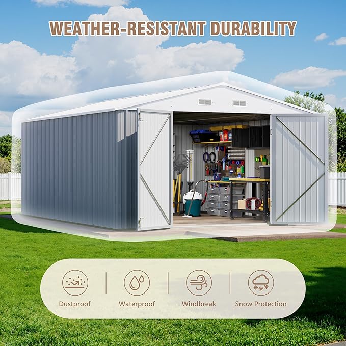 Greesum 10×14 FT Outdoor Storage Shed, Metal Storaged Sheds Without Floor, Tool Sheds with Lockable Doors and Sloping Roof for Garden, Patio, Backyard, Gray