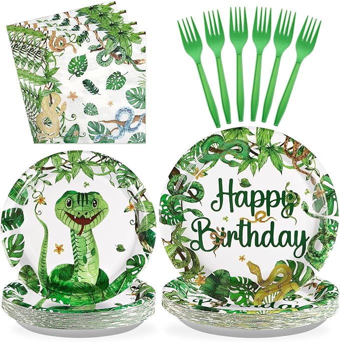 96 Pcs Snake Birthday Party Supplies Reptile Jungle Swamp Snake Plates and Napkins Tableware Sets Reptile Party Decorations Favors for Kids Camping Alligator Wilderness Wildlife Theme Decor,Serves 24