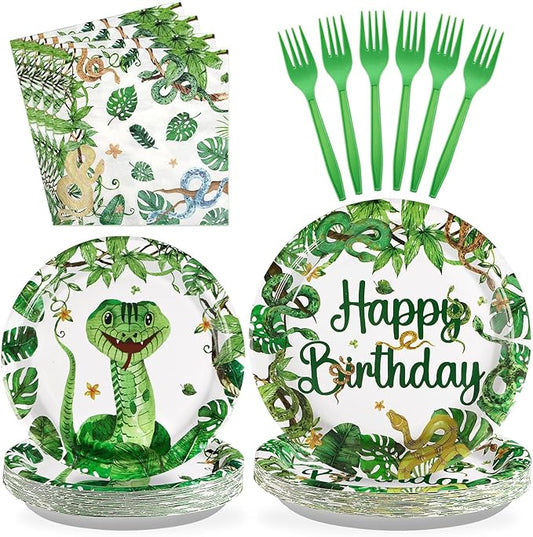 96 Pcs Snake Birthday Party Supplies Reptile Jungle Swamp Snake Plates and Napkins Tableware Sets Reptile Party Decorations Favors for Kids Camping Alligator Wilderness Wildlife Theme Decor,Serves 24