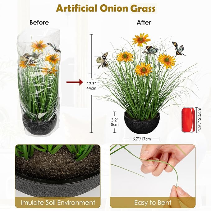 Artificial Plants Indoor with Pot, 17.3" Fake Potted Plants Artificial Onion Grass Plant with Yellow Daisies Flowers and Butterflies Small Faux Plant Indoor for Home Living Room Table Shelf Decor