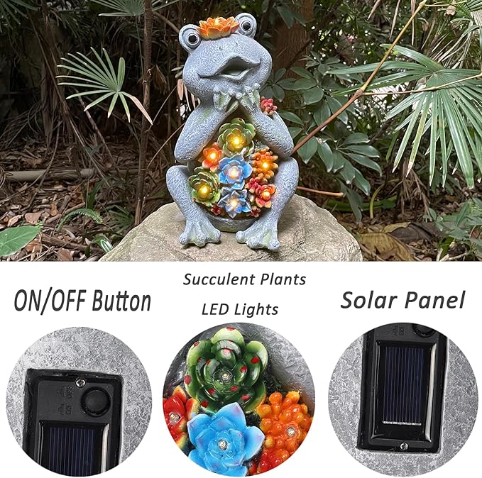 Solar Garden Frog Statues with Outdoor Light for Outdoor Decor Succulent and 8 LED Lights Solar Frog Art Decor for Lawn Yard Decor Gifts for Women Mother's Day Birthday