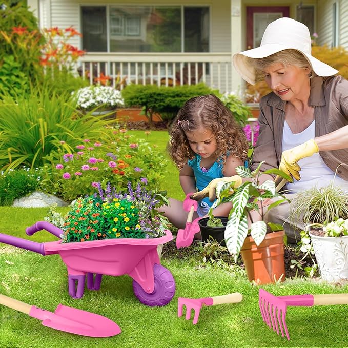 Kids Gardening Tools Outdoor Toys Set Backyard Play with Wheelbarrow Educational STEM Learning Pretend Toys Outdoor Indoor for Toddlers Kids Boys Girls