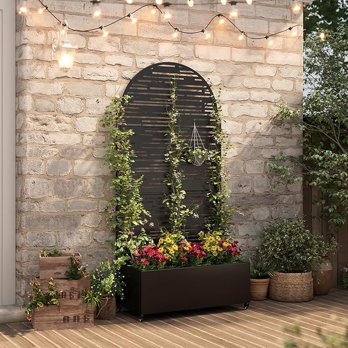 Metal Raised Garden Bed with Trellis & Wheels,70" x 35"x 15.7" Planter Box with Trellis,Privacy Planters for Patio,Garden Bed for Climbing Plants,Suitable for Climbing Plants and Vegetables,Black