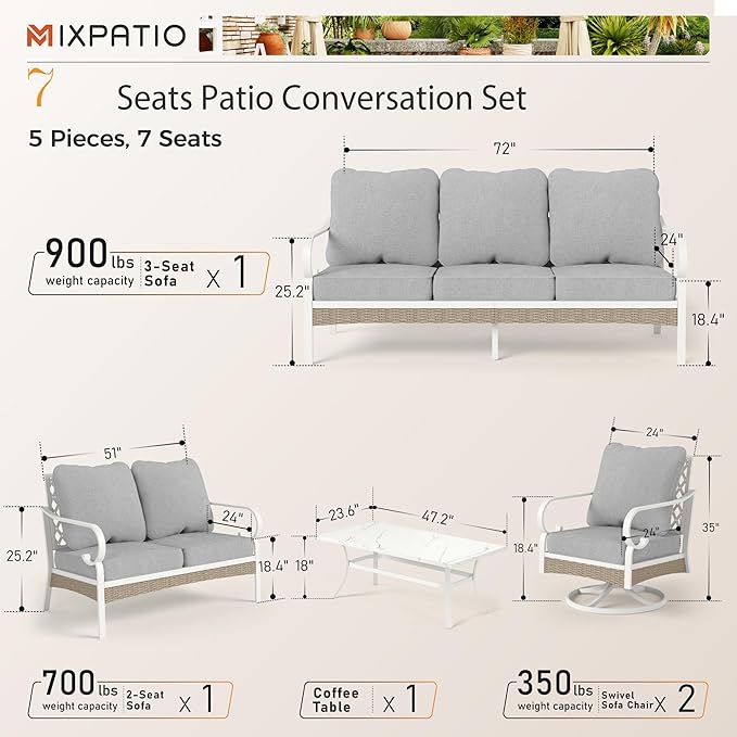 5 Piece Patio Furniture Set, 2 x Swivel Chair, 1 x 2-Seat Sofa, 1 x 3-Seat Sofa with Marbling Coffee Table, 7 Seats Outdoor Conversation Set for Lawn Garden Backyard, Light Gray