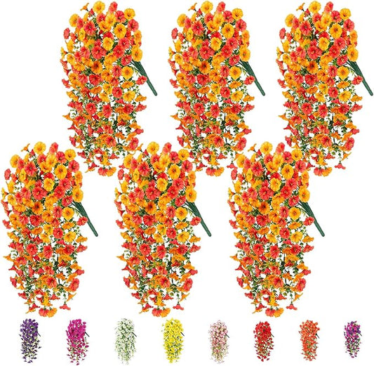 6-Pack Outdoor Faux Plants, 69-Flowered Large Morning Glory, Uv-Resistant Artificial Morning Glory,Perfect for Outdoor Decoration in All Seasons Such as Porches and Gardens (Red + Orange)