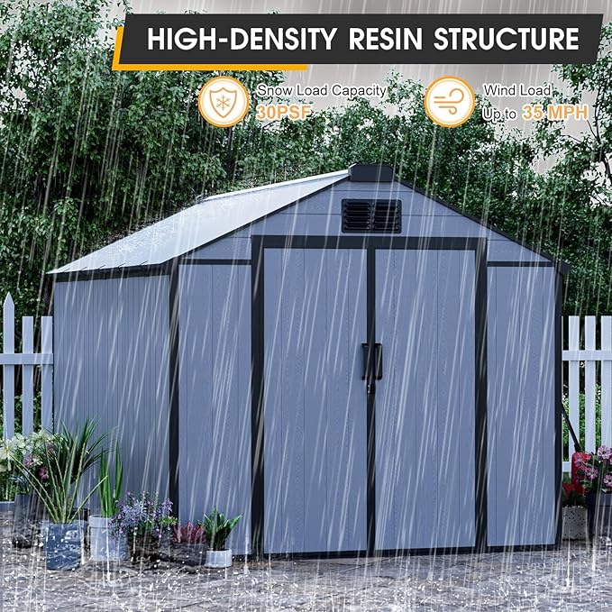8 x 8 FT Resin Storage Shed, All-Weather Outdoor Tool Shed with Windows, Lockable Doors & Floor, Plastic Garden Shed for Poolside, Backyard, Patio