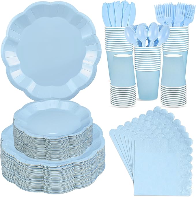 350 Pcs Light Blue Party Supplies Include Scalloped Plate Napkin Cup Forks Knives, Plastic Cutlery 50 Guest Disposable Party Tableware Set for Wedding Baby Shower Bridal Shower Birthday Parties